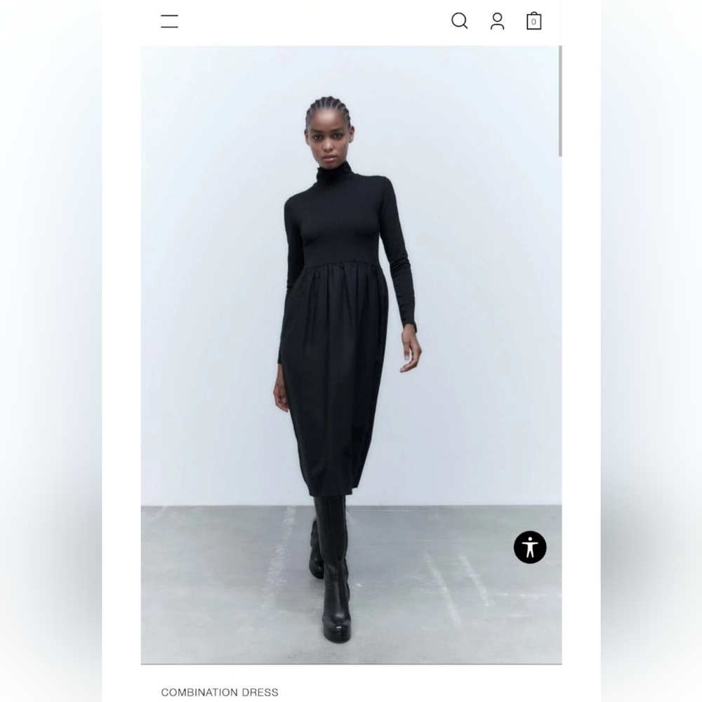ZARA mixed Fabric Combination Black Turtleneck Dress LARGE